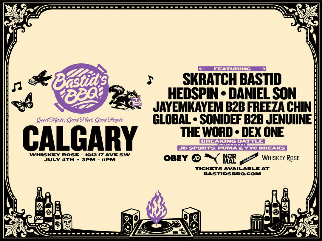 Vintage-style event poster for Bastids BBQ Calgary at Whiskey Rose, listing the DJ lineup and sponsor logos including OBEY, JD Sports, PUMA, and Normal, framed by an ornate border with birds, a butterfly, and a turntable graphic.