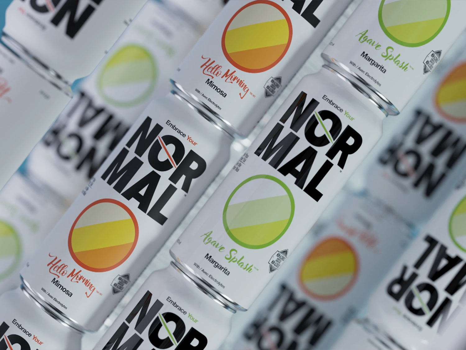 Overhead flat-lay of Normal Hello Morning Mimosa and Agave Splash Margarita cans arranged in a tight diagonal pattern, alternating flavor and orientation.
