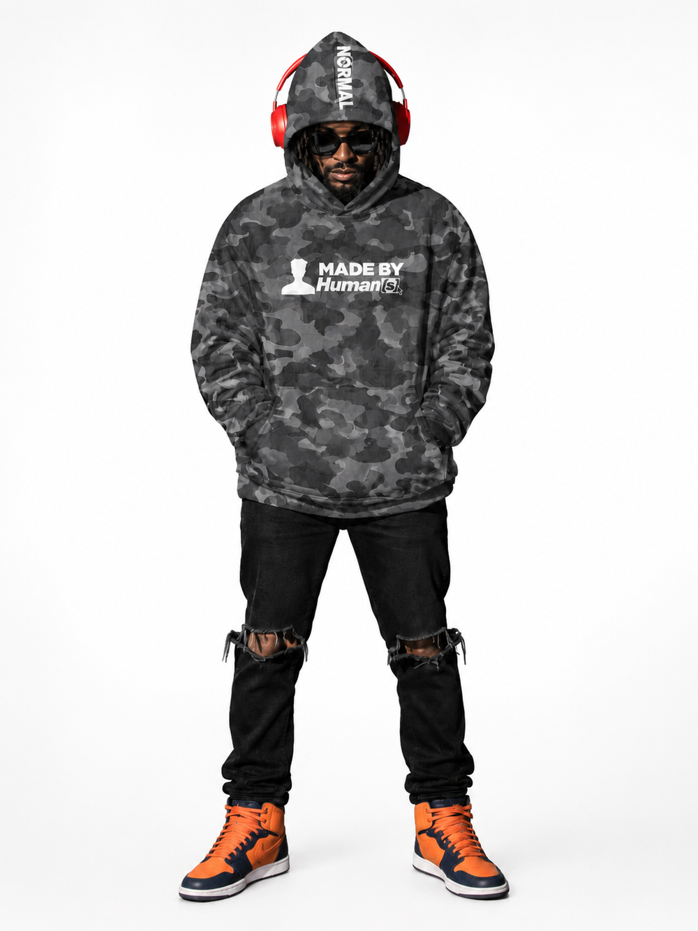 Made by Humans Grey Camo Hoodie, styled shot