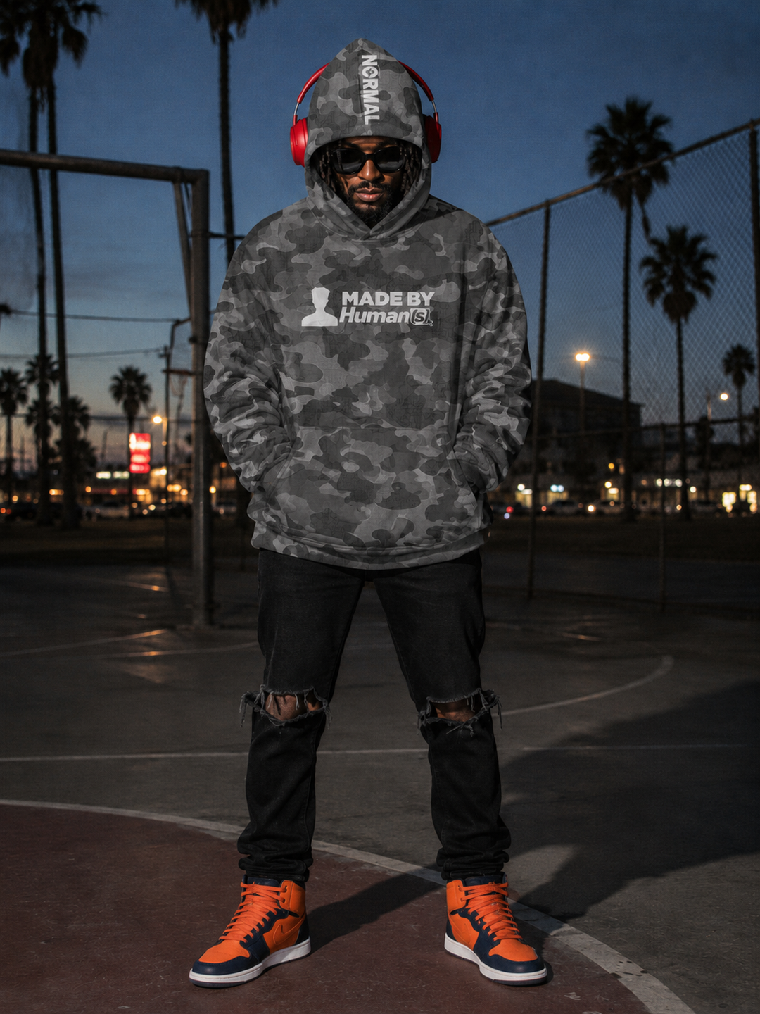 Made by Humans Grey Camo Hoodie, front view