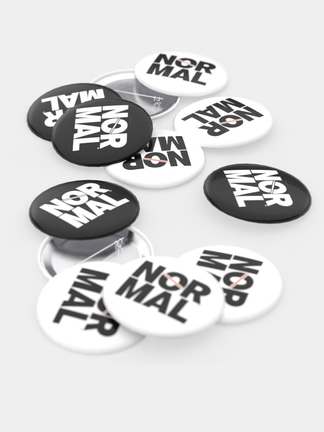 Normal Beverage branded pin-back buttons