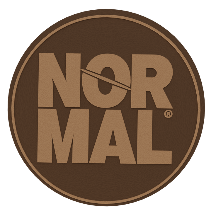Normal Beverage leather logo patch, 2x2 inch, top view