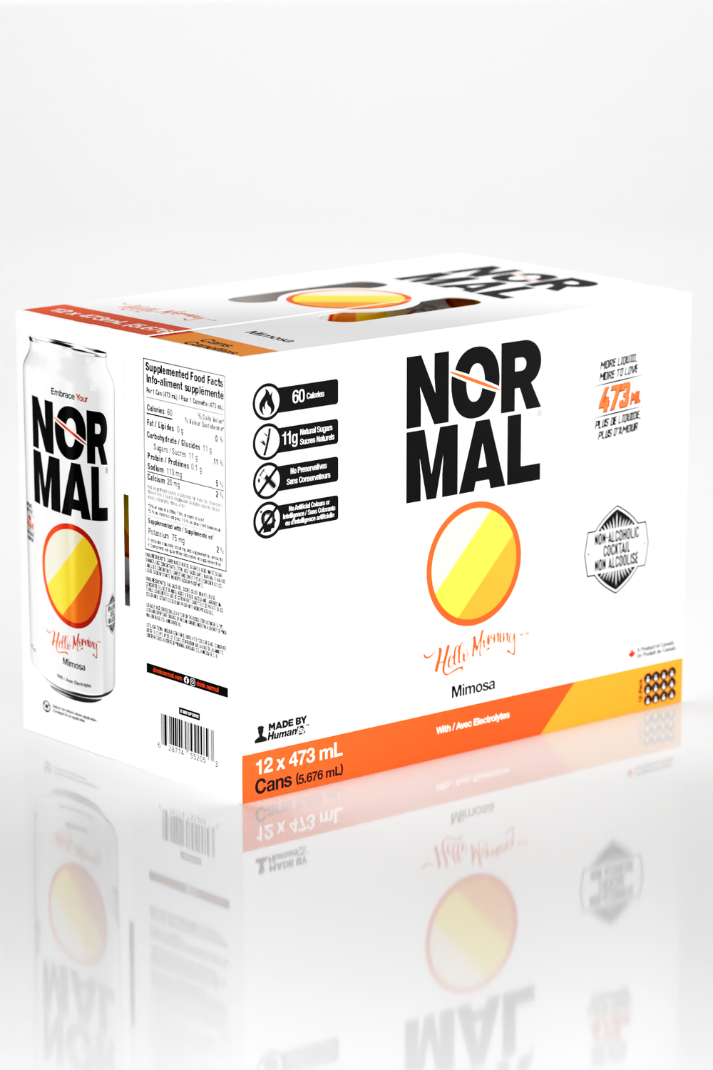 Hello Morning™ Mimosa 12-pack, box and can angled shot