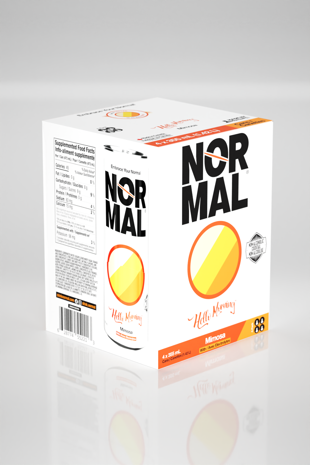 Hello Morning™ Mimosa 4-pack box, angled view with nutrition panel