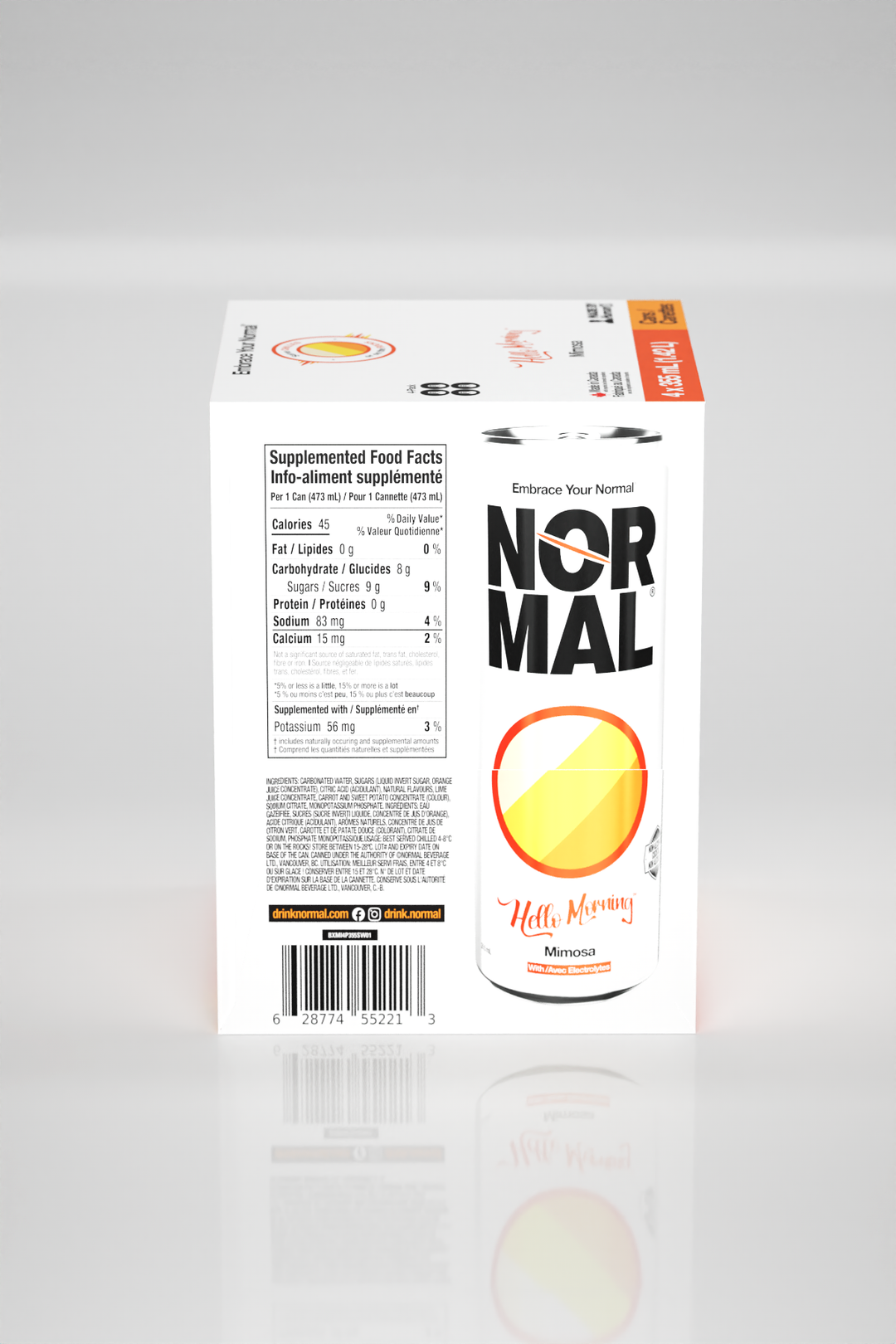 Hello Morning™ Mimosa 4-pack box, side view with nutrition panel and can
