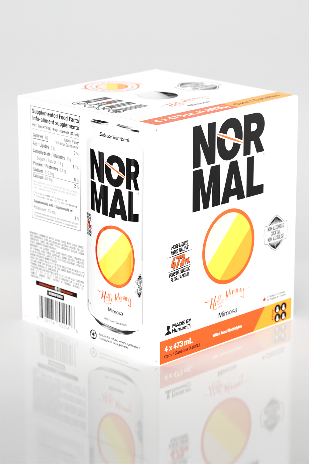Hello Morning™ Mimosa 4-pack, box and can angled shot