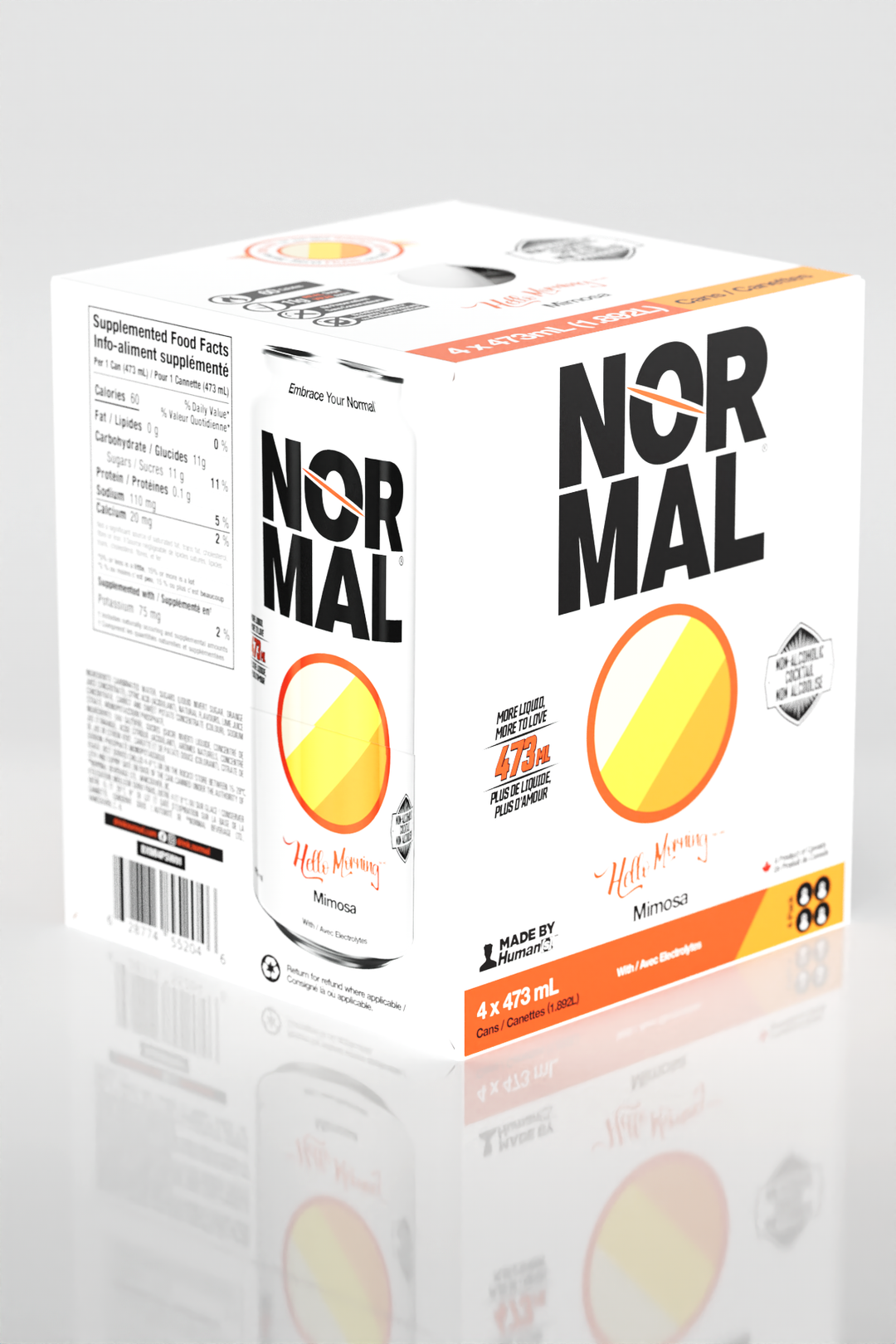 Hello Morning™ Mimosa 4-pack, box and can angled shot