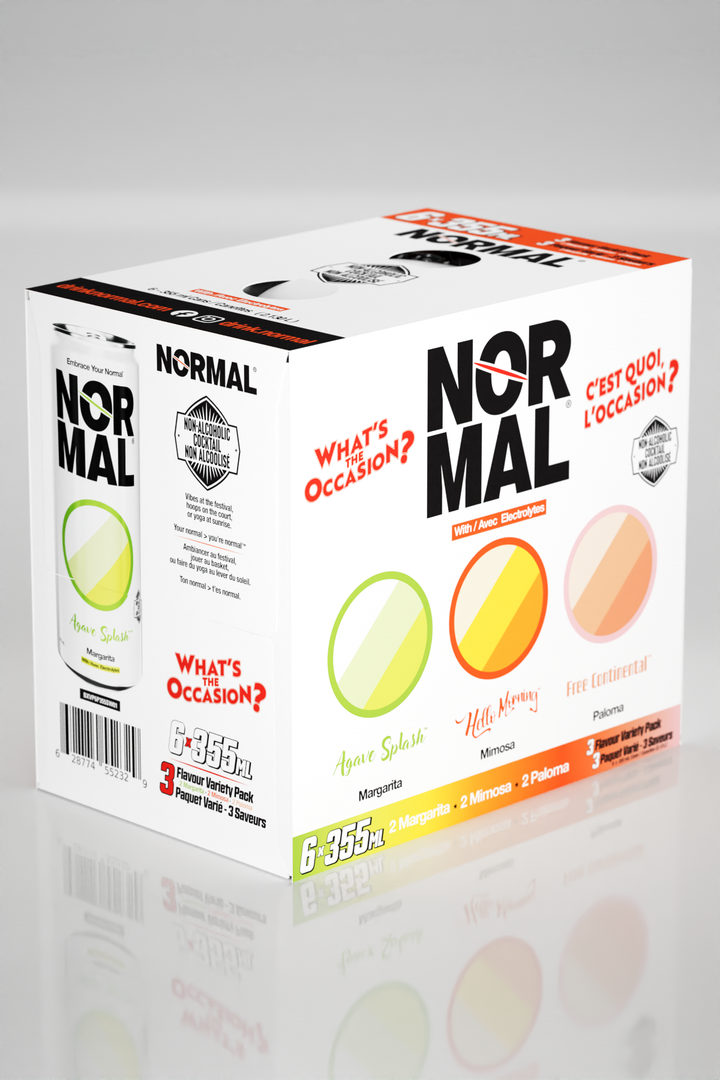 Normal Beverage 3 Flavour Variety Box, can and box angled shot with "What&